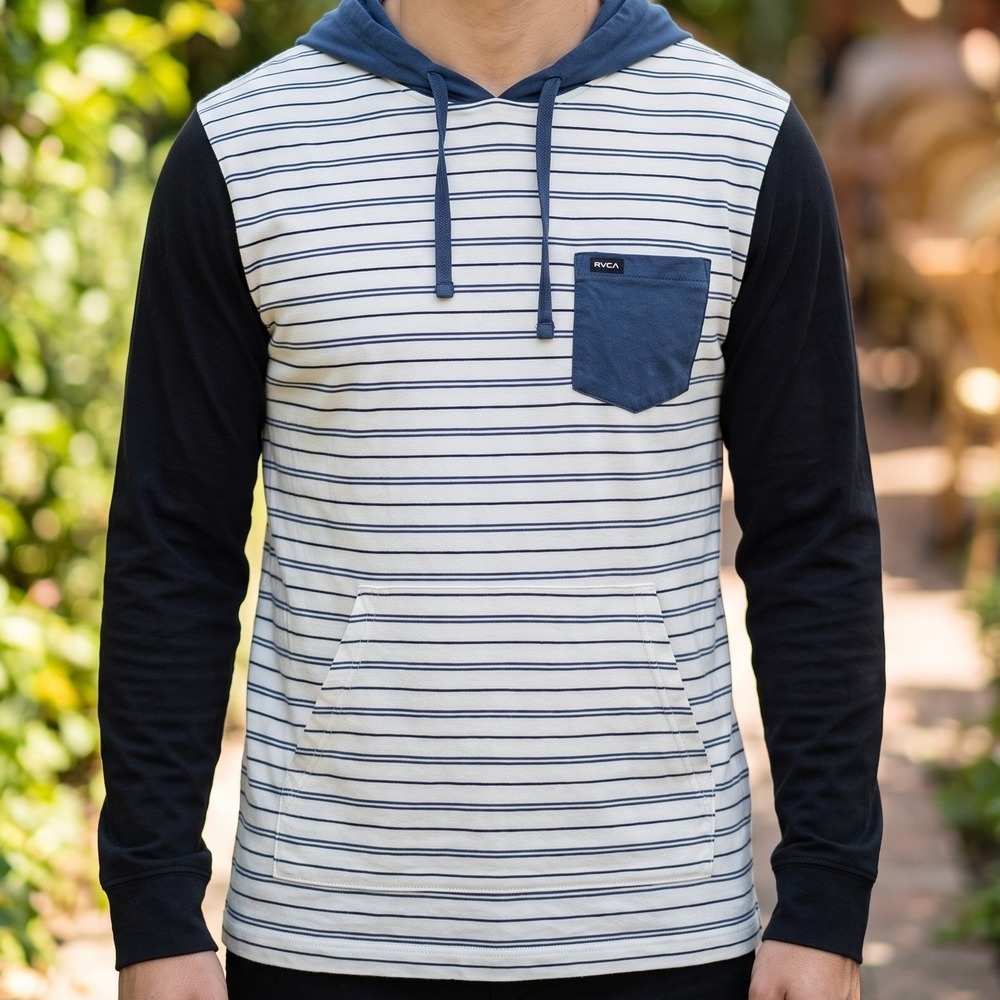 RVCA Mens Striped Hooded Long Sleeve T-Shirt Colorblock Regular Fit Blue Black